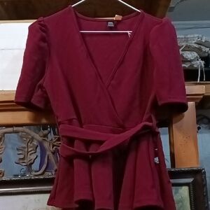 Chic Deep Red Wrap Blouse